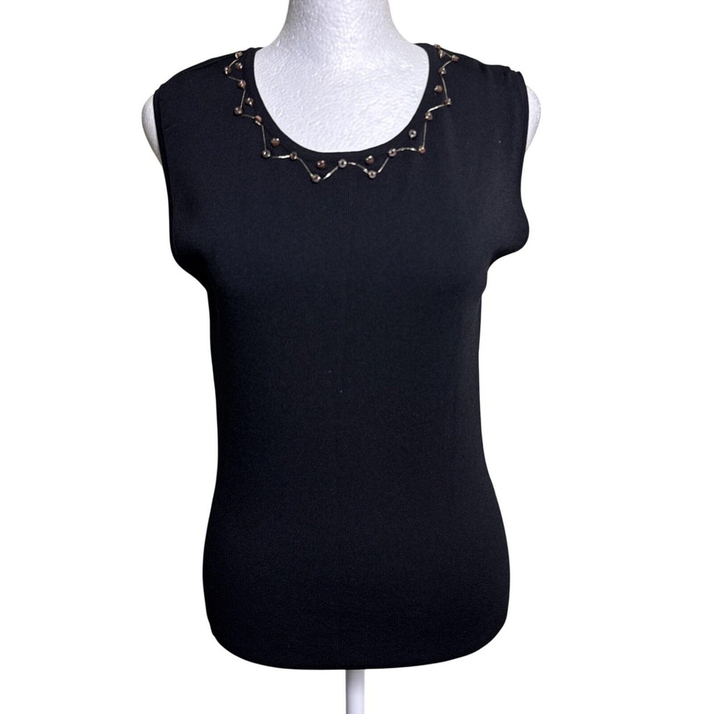 Finity Women XL Black Beaded Sweater Tank Top Sleeveless Ribbed Knit Shell Shirt